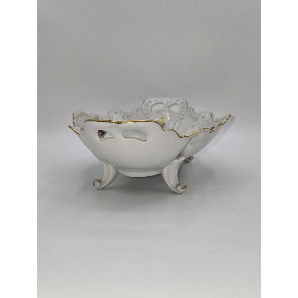 Dresden Porcelain Reticulated Floral Centerpiece Bowl Footed White Gold Western